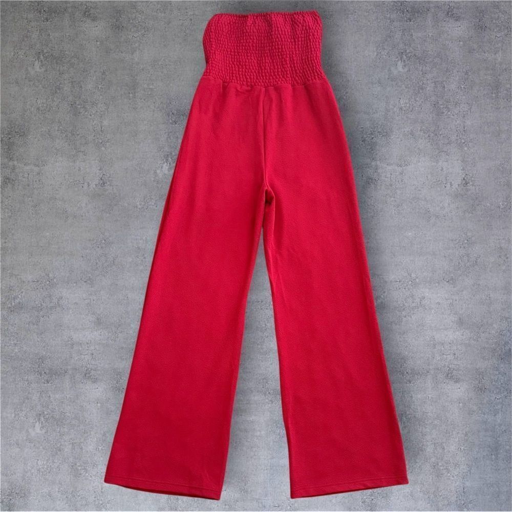 Lulus Red Strapless Wide Leg Jumpsuit Bow Front Palazzo Pants Medium - Picture 4 of 7